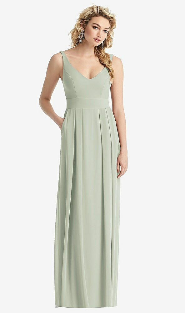 Front View - Celadon Sleeveless Pleated Skirt Maxi Dress with Pockets