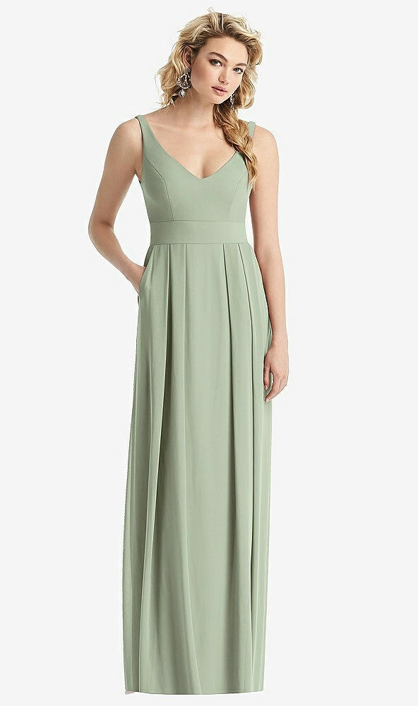 Front View - Sage Sleeveless Pleated Skirt Maxi Dress with Pockets