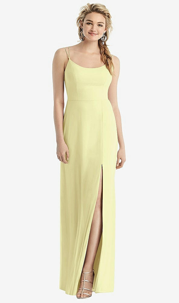 Back View - Butter Yellow Cowl-Back Double Strap Maxi Dress with Side Slit