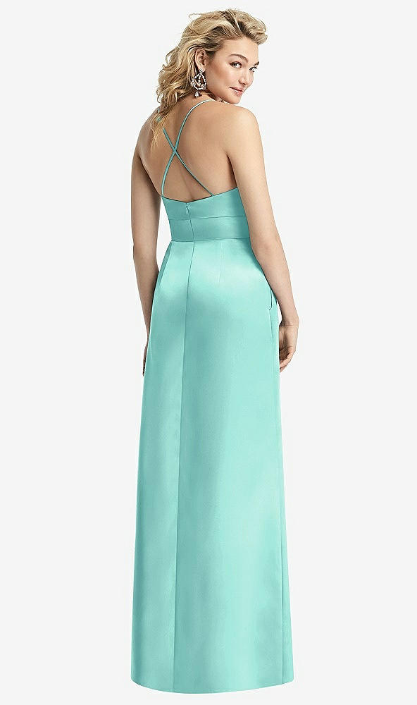 Back View - Coastal Pleated Skirt Satin Maxi Dress with Pockets