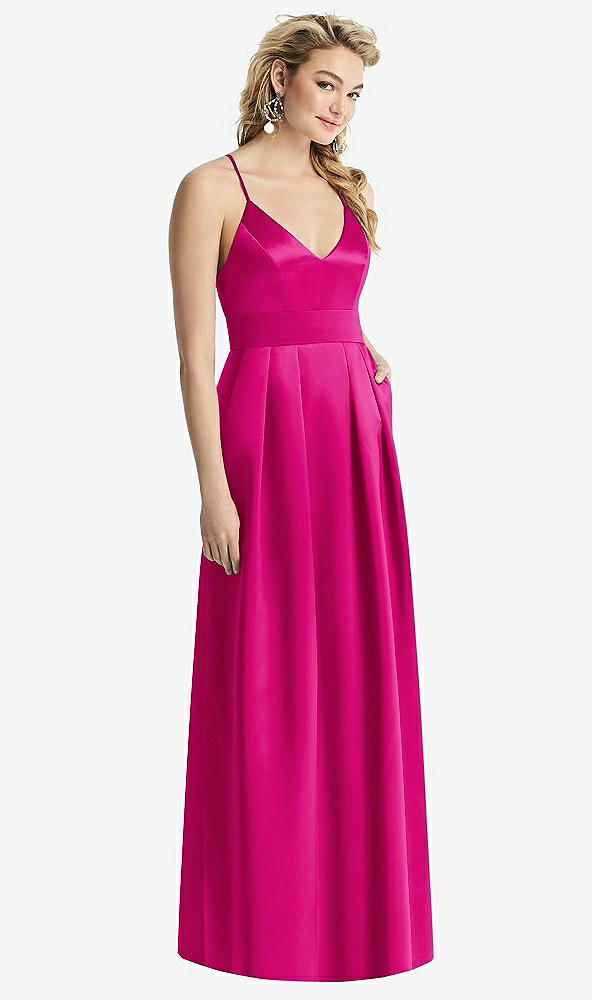 Front View - Think Pink Pleated Skirt Satin Maxi Dress with Pockets