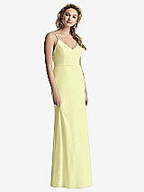 Rear View Thumbnail - Butter Yellow Shirred Sash Cowl-Back Chiffon Trumpet Gown