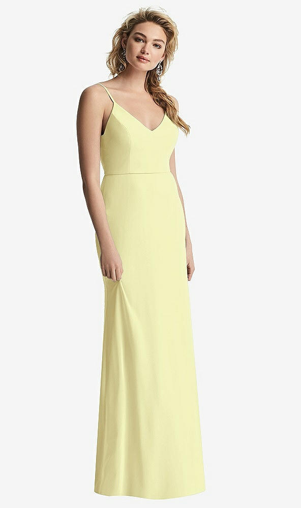 Back View - Butter Yellow Shirred Sash Cowl-Back Chiffon Trumpet Gown