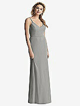 Rear View Thumbnail - Chelsea Gray Shirred Sash Cowl-Back Chiffon Trumpet Gown