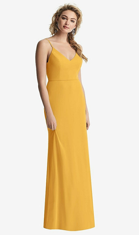 Back View - NYC Yellow Shirred Sash Cowl-Back Chiffon Trumpet Gown