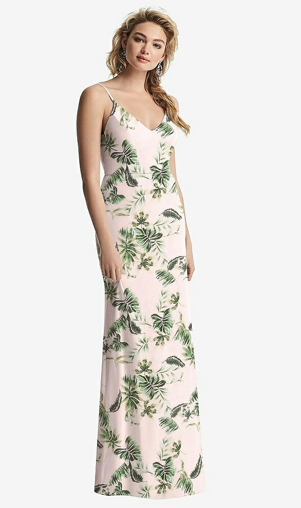 Back View - Palm Beach Print Shirred Sash Cowl-Back Chiffon Trumpet Gown