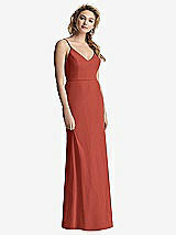 Rear View Thumbnail - Amber Sunset Shirred Sash Cowl-Back Chiffon Trumpet Gown