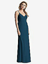 Rear View Thumbnail - Atlantic Blue Shirred Sash Cowl-Back Chiffon Trumpet Gown