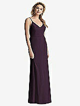 Rear View Thumbnail - Aubergine Shirred Sash Cowl-Back Chiffon Trumpet Gown