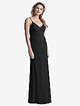 Rear View Thumbnail - Black Shirred Sash Cowl-Back Chiffon Trumpet Gown