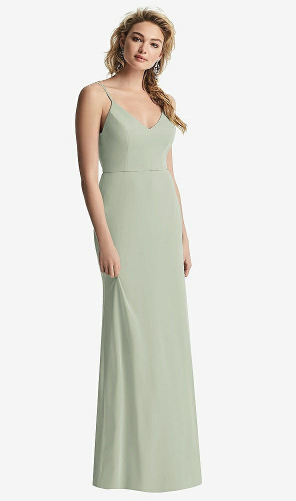 Back View - Celadon Shirred Sash Cowl-Back Chiffon Trumpet Gown