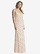 Rear View Thumbnail - Coquette Floral Print Shirred Sash Cowl-Back Chiffon Trumpet Gown