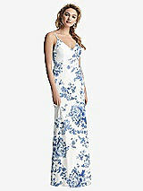 Rear View Thumbnail - Cottage Rose Dusk Blue Shirred Sash Cowl-Back Chiffon Trumpet Gown