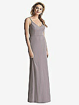 Rear View Thumbnail - Cashmere Gray Shirred Sash Cowl-Back Chiffon Trumpet Gown