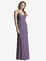 Rear View Thumbnail - Lavender Shirred Sash Cowl-Back Chiffon Trumpet Gown