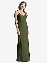 Rear View Thumbnail - Olive Green Shirred Sash Cowl-Back Chiffon Trumpet Gown