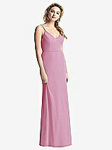 Rear View Thumbnail - Powder Pink Shirred Sash Cowl-Back Chiffon Trumpet Gown