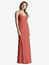 Rear View Thumbnail - Coral Pink Shirred Sash Cowl-Back Chiffon Trumpet Gown