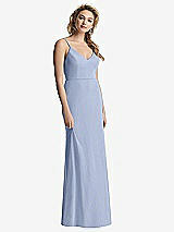 Rear View Thumbnail - Sky Blue Shirred Sash Cowl-Back Chiffon Trumpet Gown