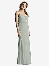 Rear View Thumbnail - Willow Green Shirred Sash Cowl-Back Chiffon Trumpet Gown