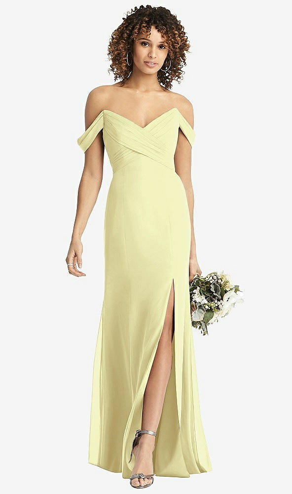 Front View - Butter Yellow Off-the-Shoulder Criss Cross Bodice Trumpet Gown