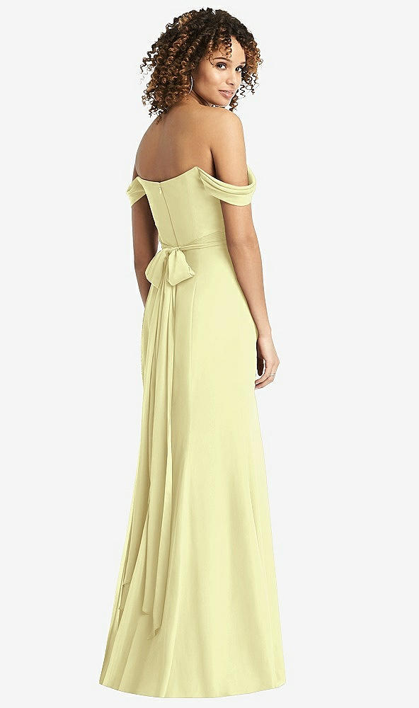 Back View - Butter Yellow Off-the-Shoulder Criss Cross Bodice Trumpet Gown