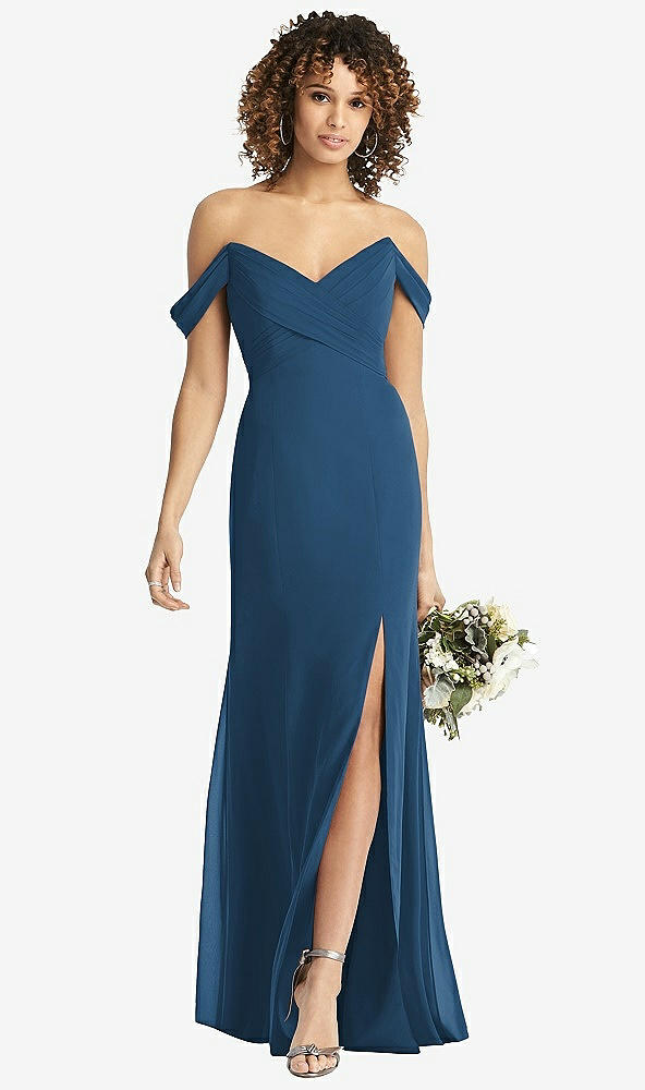 Front View - Dusk Blue Off-the-Shoulder Criss Cross Bodice Trumpet Gown