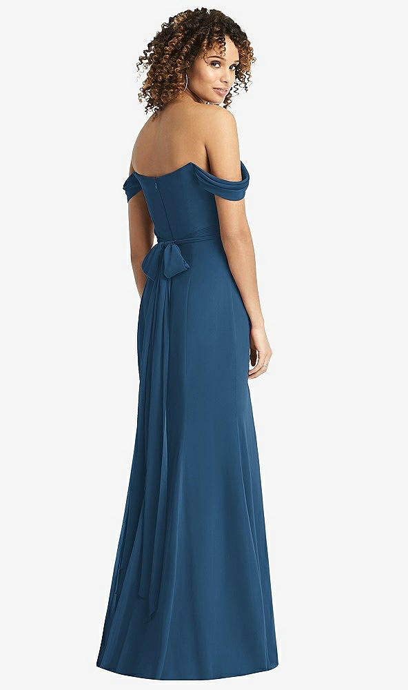 Back View - Dusk Blue Off-the-Shoulder Criss Cross Bodice Trumpet Gown