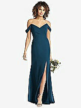 Front View Thumbnail - Atlantic Blue Off-the-Shoulder Criss Cross Bodice Trumpet Gown