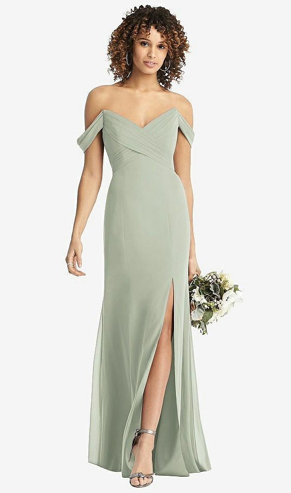 Front View - Celadon Off-the-Shoulder Criss Cross Bodice Trumpet Gown