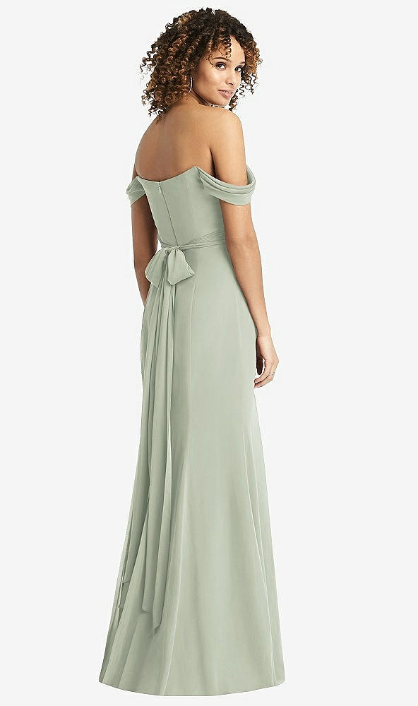 Back View - Celadon Off-the-Shoulder Criss Cross Bodice Trumpet Gown