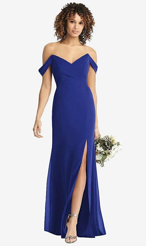 Front View - Cobalt Blue Off-the-Shoulder Criss Cross Bodice Trumpet Gown