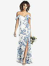 Front View Thumbnail - Cottage Rose Dusk Blue Off-the-Shoulder Criss Cross Bodice Trumpet Gown