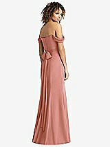 Rear View Thumbnail - Desert Rose Off-the-Shoulder Criss Cross Bodice Trumpet Gown