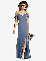 Front View Thumbnail - Larkspur Blue Off-the-Shoulder Criss Cross Bodice Trumpet Gown