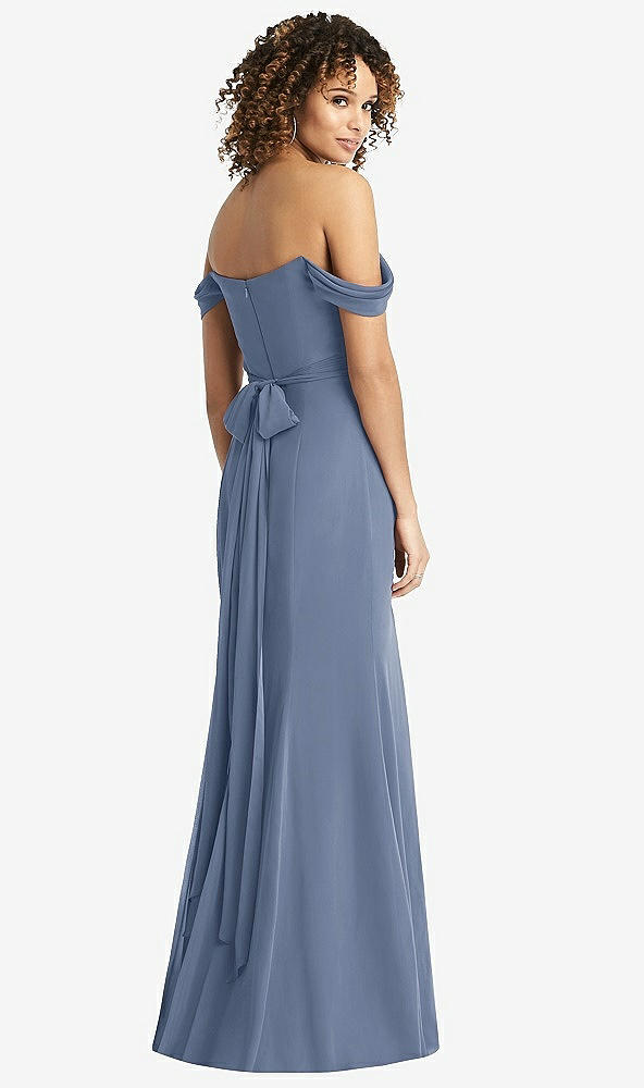 Back View - Larkspur Blue Off-the-Shoulder Criss Cross Bodice Trumpet Gown