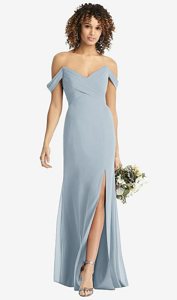 Front View - Mist Off-the-Shoulder Criss Cross Bodice Trumpet Gown