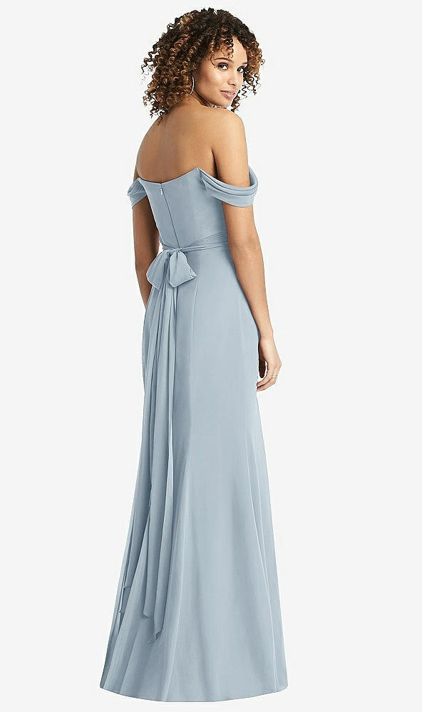 Back View - Mist Off-the-Shoulder Criss Cross Bodice Trumpet Gown