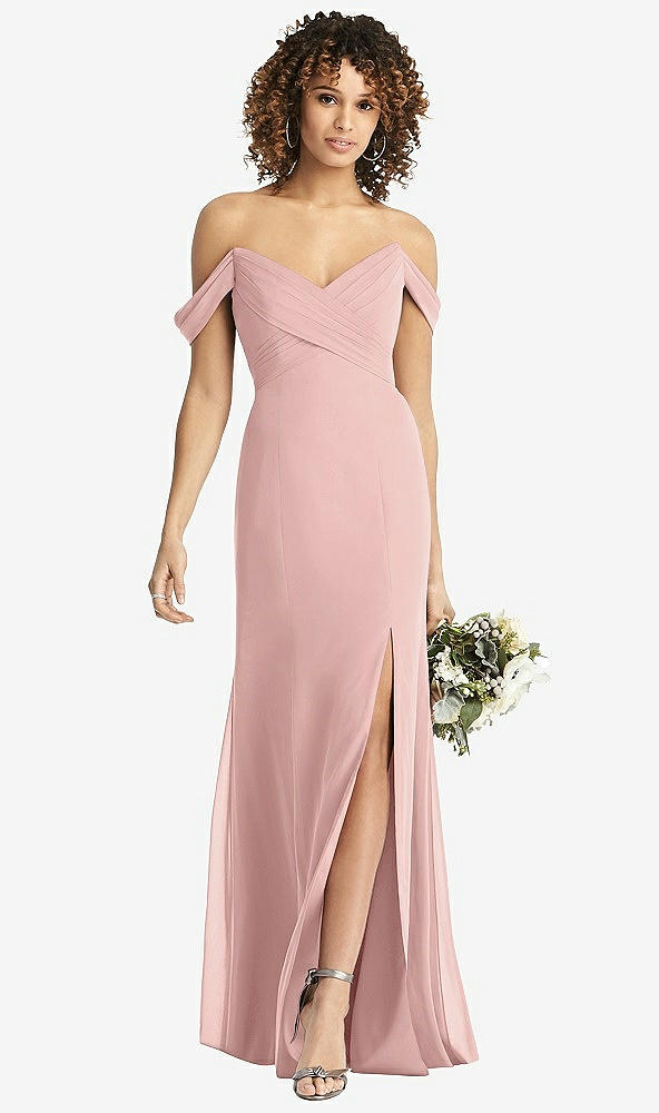 Front View - Rose - PANTONE Rose Quartz Off-the-Shoulder Criss Cross Bodice Trumpet Gown