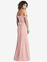 Rear View Thumbnail - Rose - PANTONE Rose Quartz Off-the-Shoulder Criss Cross Bodice Trumpet Gown