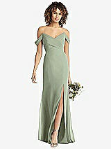 Front View Thumbnail - Sage Off-the-Shoulder Criss Cross Bodice Trumpet Gown