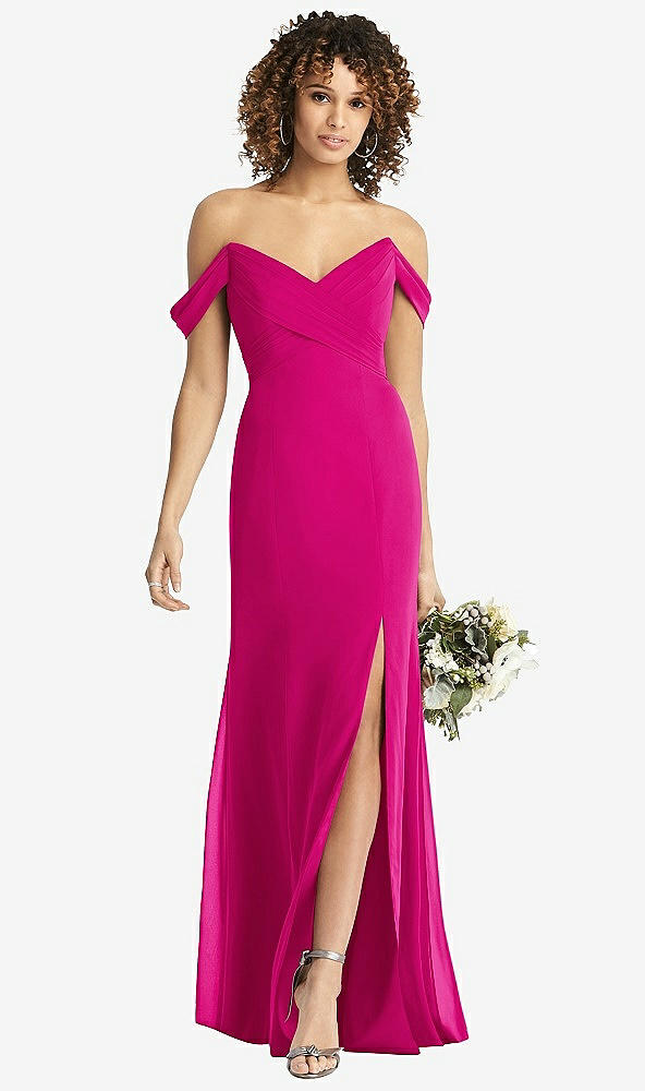 Front View - Think Pink Off-the-Shoulder Criss Cross Bodice Trumpet Gown