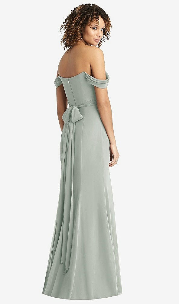 Back View - Willow Green Off-the-Shoulder Criss Cross Bodice Trumpet Gown