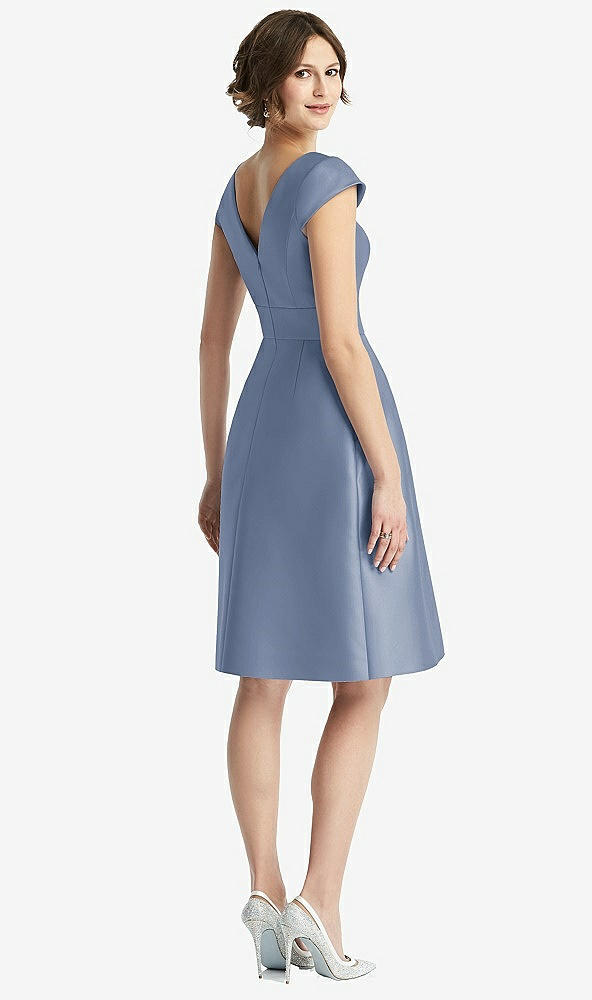 Back View - Larkspur Blue Cap Sleeve Pleated Cocktail Dress with Pockets