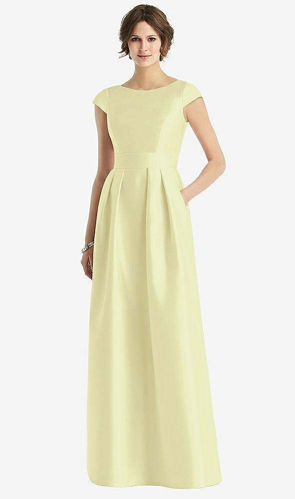 Front View - Butter Yellow Cap Sleeve Pleated Skirt Dress with Pockets