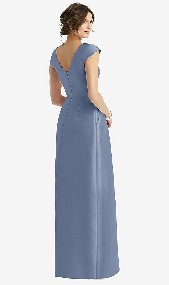 Back View - Larkspur Blue Cap Sleeve Pleated Skirt Dress with Pockets