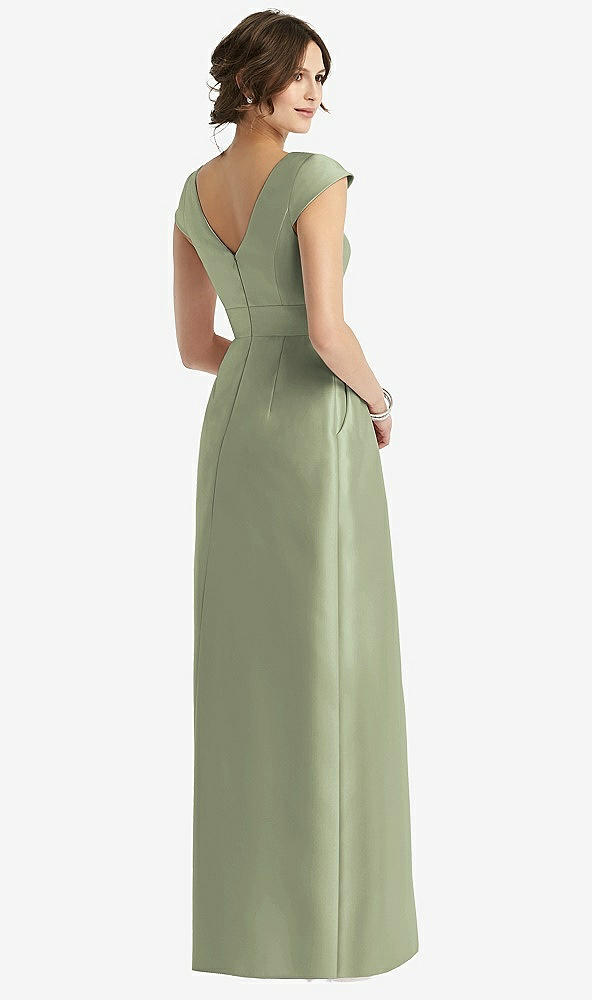 Back View - Sage Cap Sleeve Pleated Skirt Dress with Pockets