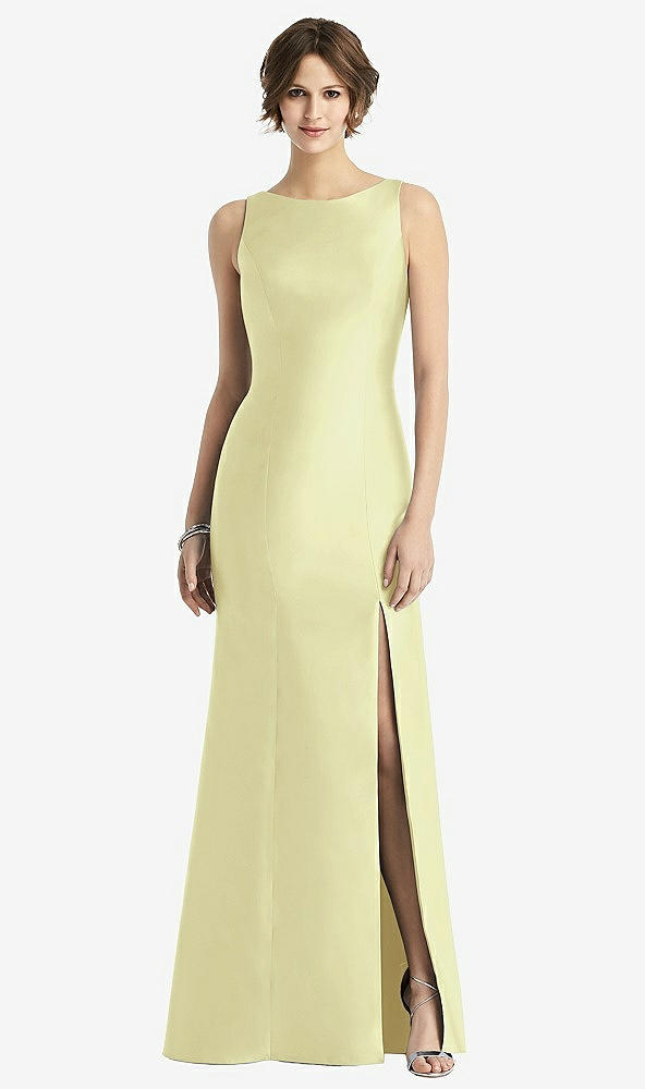 Front View - Butter Yellow Sleeveless Satin Trumpet Gown with Bow at Open-Back