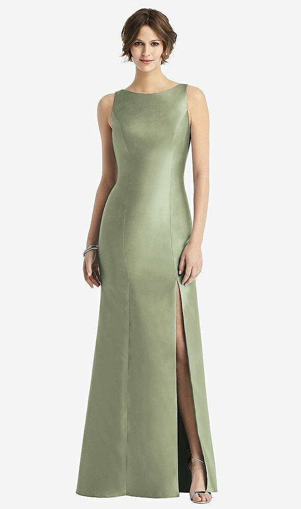 Front View - Sage Sleeveless Satin Trumpet Gown with Bow at Open-Back