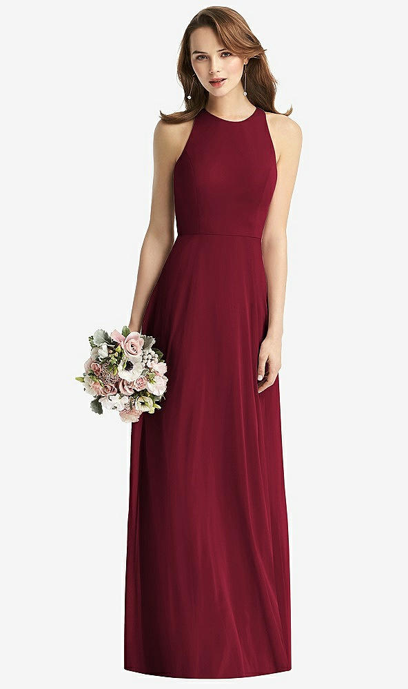 Front View - Burgundy Sleeveless Halter Chiffon Maxi Dress